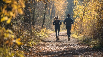 Obraz premium A couple jogging along a forest trail, both feeling the health benefits of their outdoor fitness journey.