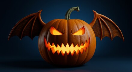 Fototapeta premium Menacing Pumpkin with Bat Wings - A sinister jack-o'-lantern with bat wings, symbolizing Halloween, darkness, autumn, mischief, and fright