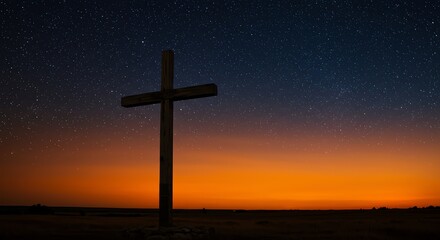 Wooden Cross Silhouette Against Night Sky with Sunset Colors