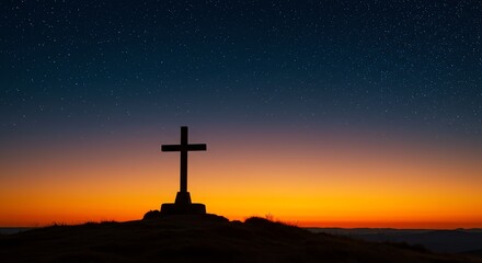Standing Cross Silhouette on Hill at Night Sky