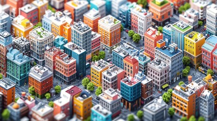 Naklejka premium High-angle view of a vibrant, stylized city. Colorful buildings, streets, and greenery