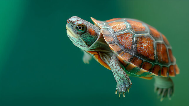 A vibrant turtle gracefully swimming in clear water, showcasing its colorful shell and serene environment