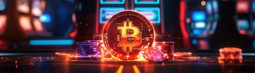 ** Glowing Bitcoin and Cryptocurrency Coins in Futuristic Digital Environment with Neon Lights..**