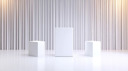 Obraz premium White Cubes Display Stands Minimalist Style High-Resolution Lighting Center Frontal View Clean Lines Product Presentation Draped Curtain Backdrop Bright Clean Aesthetic Ideal for Mockups