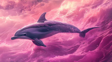 Naklejka premium A dolphin swimming in pink waters, creating a surreal and artistic scene. [Surreal Oceans] | Magnetic Shores | charged sands. Illustration