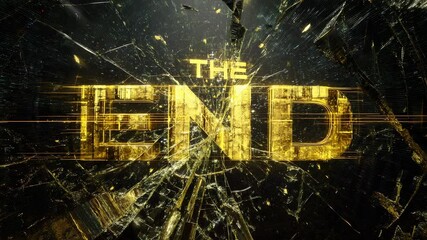 Golden textured 'The End' title card against a dark, particle filled background. Glittering effect and digital distortion.