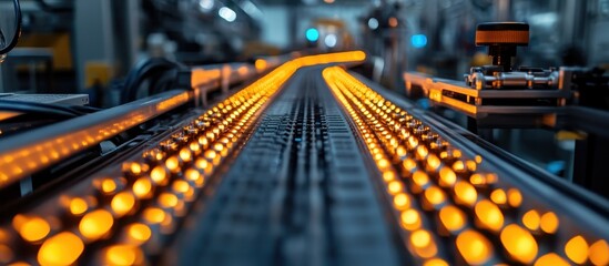 Automated Production Line with Glowing Lights in a Modern Factory Setting Showcasing Advanced Manufacturing Technology and Industrial Innovation