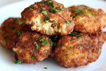 Crispy golden-brown fritters garnished with fresh herbs on a white plate, ready to enjoy