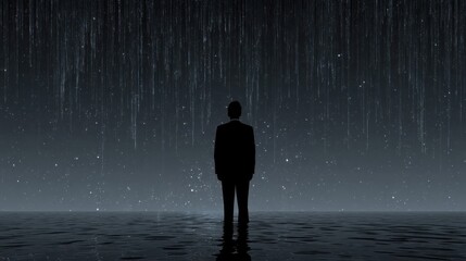 Silhouette of a Man Under a Starry Sky with Cascading Light Effects