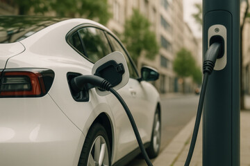 Naklejka premium Electric vehicle charging at urban station highlighting sustainable transportation