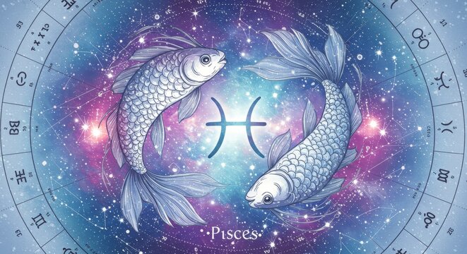 Pisces Zodiac Celestial Fish - Dreamlike cosmic Pisces, two fish swimming in a galaxy, astrological symbol, water sign, ethereal beauty
