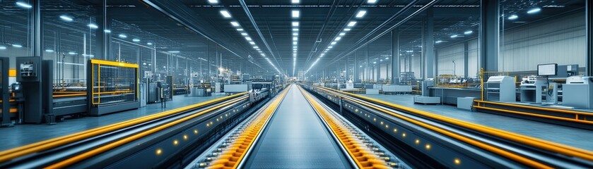 Modern Automated Factory Interior with Advanced Robotics and High-Tech Machinery in a Spacious Industrial Setting