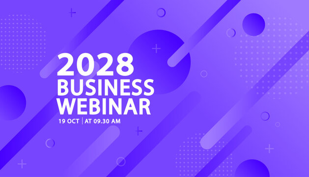 An abstract banner template for a business webinar or online conference. The modern purple background features a dynamic geometric pattern with lines and circles for a futuristic technology event.
