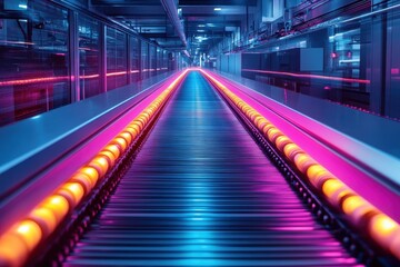Fototapeta premium Futuristic Neon Conveyor Belt in Modern Industrial Facility with Vibrant Pink and Blue Lighting