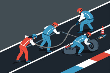A dynamic image depicting a contemporary pit crew expertly refueling a racecar, showcasing fuel hoses, tools, and intense action.