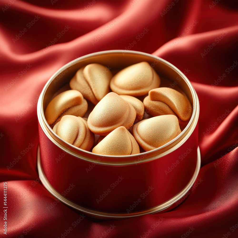 Poster a red tin with a bunch of golden cookies inside. the cookies are shaped like hearts and are placed i