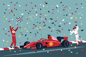 Formula 1 pit crew jubilantly celebrating a driver's fastest lap achievement during a Grand Prix race.  Exuberant team spirit and high-five moments.