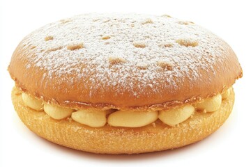 Delicious cream-filled dessert with powdered sugar on top, set against a plain backdrop