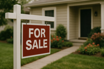Red for sale sign in front of suburban house on a sunny day
