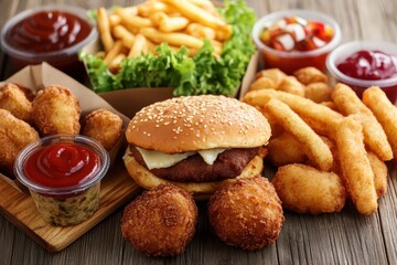 Delicious fast food spread with burger, fries, and sauces on a rustic wooden table