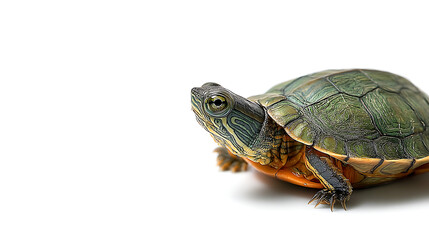 Obraz premium Close-up of a turtle resting on a clean surface, showcasing its intricate shell patterns and vibrant colors