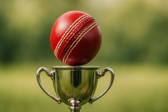 Red cricket ball balanced on champion trophy - Powered by Adobe