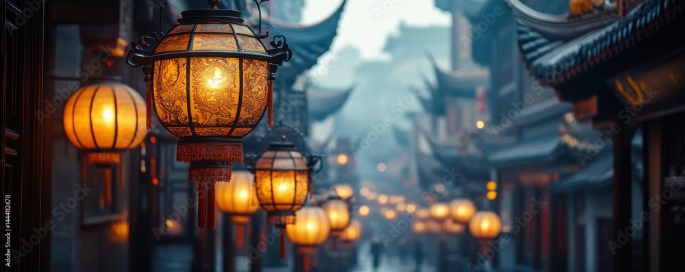 Poster a street scene with many lanterns hanging from the buildings. the lanterns are lit up and create a w
