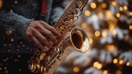 Close-up of a Saxophone Being Played with Blurred Christmas Lights in the Background - Festive Jazz Vibes