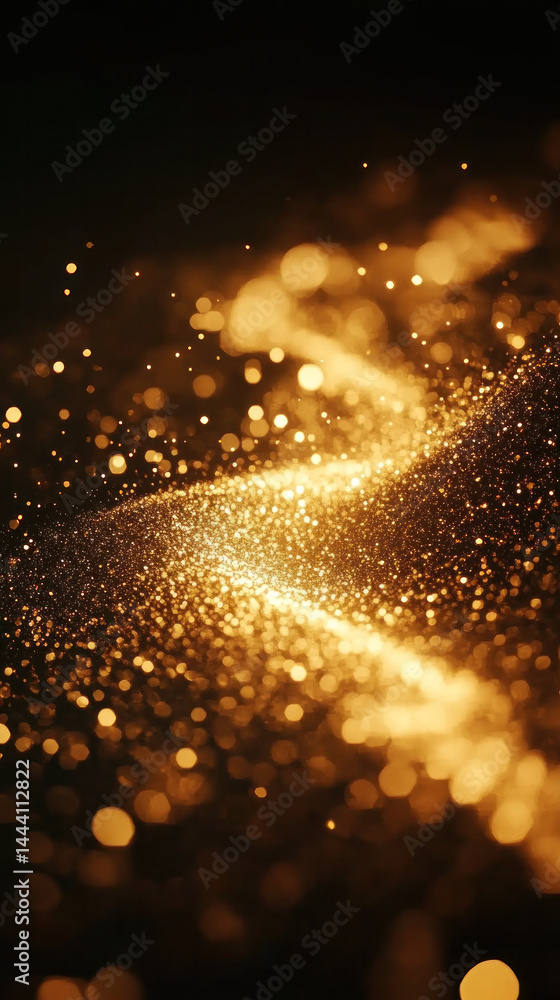 Poster a gold colored image with a lot of sparkles and a dark background. the image has a dreamy and ethere