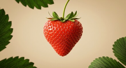 Single Perfect Strawberry - A vibrant, ripe strawberry hangs from its stem, surrounded by lush green leaves against a beige background. Perfect for food, health, and summer themes