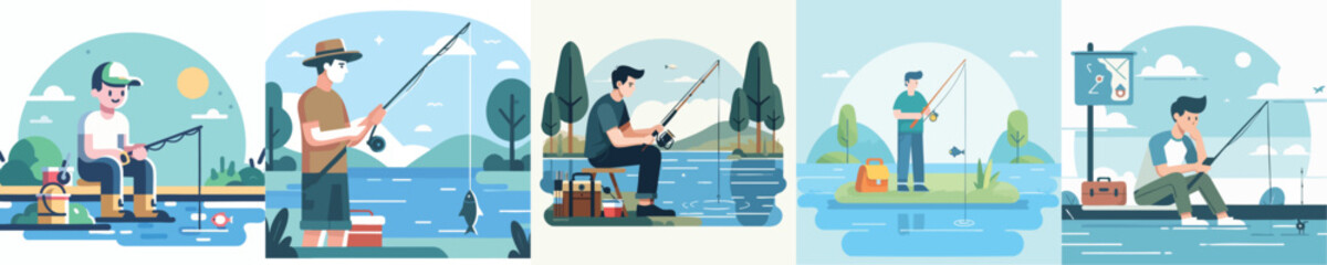 vector of a young man fishing