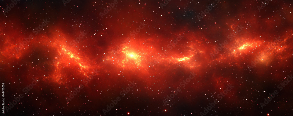 Poster a red galaxy with stars and a long red line. the stars are scattered throughout the galaxy and the r