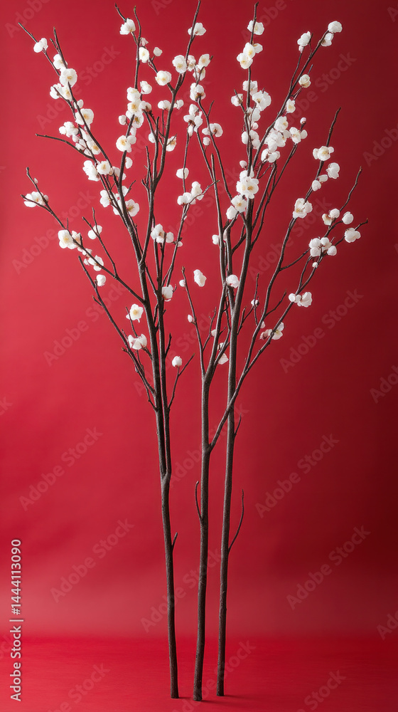 Poster three branches of white flowers are standing upright on a red background. the flowers are arranged i
