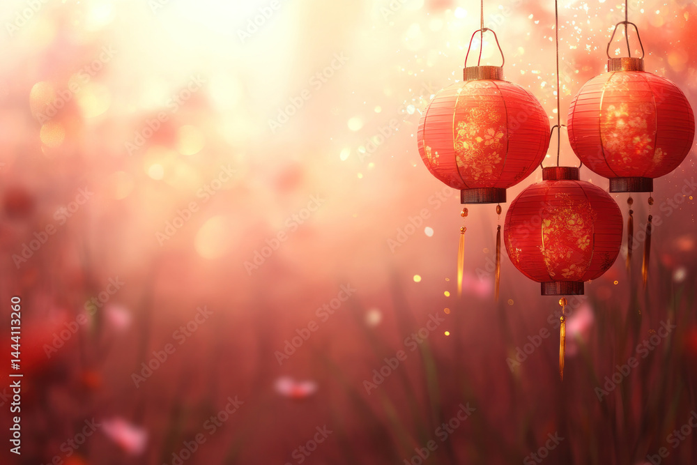 Poster three red lanterns hanging from a tree. the lanterns are red and have gold accents. the scene is set