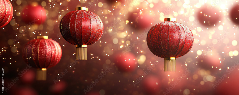 Poster a red and gold background with several red lanterns hanging from the ceiling. the lanterns are gold 