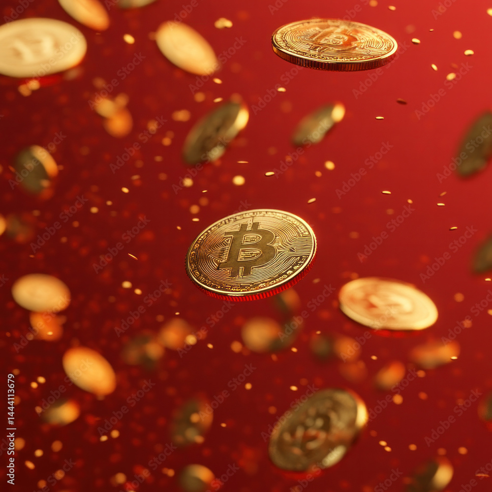 Poster a bunch of gold coins with the letter b on them are falling from the sky. the coins are scattered al
