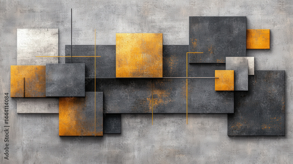 Poster Contemporary abstract artwork featuring overlapping geometric shapes in gray, black, and orange tones, creating modern and dynamic visual effect