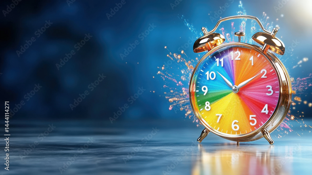 Poster Vibrant alarm clock with colorful gradient face stands against dynamic blue background, creating lively and energetic atmosphere. clock golden frame adds touch of elegance
