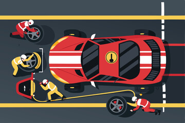 Overhead vector illustration of a Formula 1 pit stop, showcasing a team rapidly changing tires and performing vehicle maintenance.
