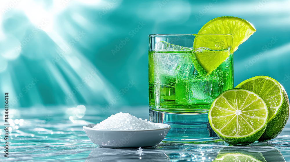 Poster refreshing green cocktail with ice cubes and lime slices sits on reflective surface, accompanied by 