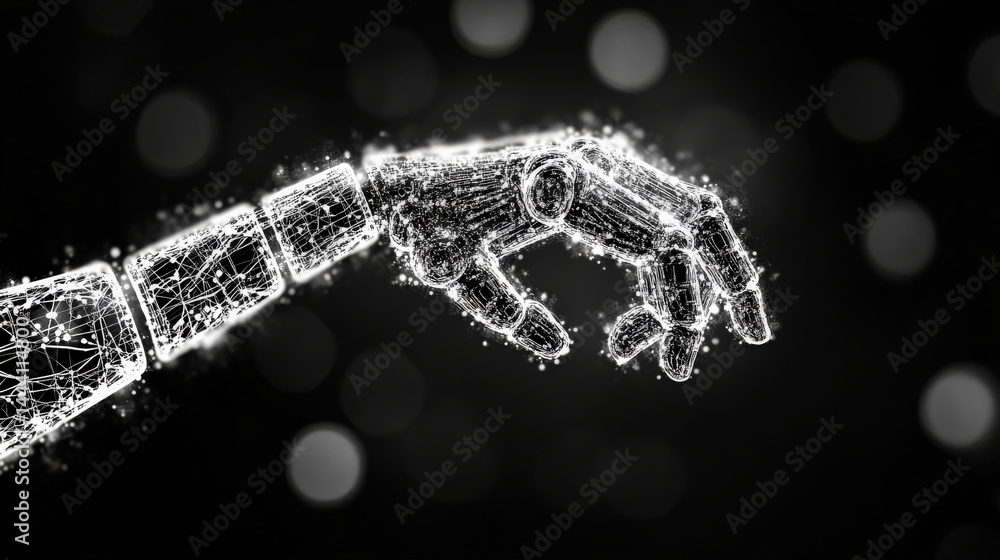 Fototapete digital representation of robotic hand composed of interconnected lines and nodes, symbolizing advan