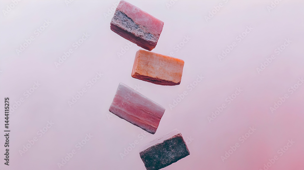 Poster abstract image of four colorful rectangular stones floating against a soft pink and white background
