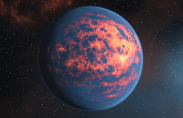 Obraz premium Volcanic planet, space, fiery surface, nebula background, cosmic exploration