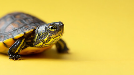 Obraz premium Close-up of a turtle on a vibrant yellow background, showcasing its intricate shell patterns