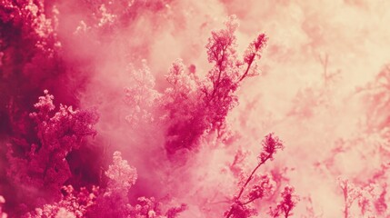 A vibrant, hazy view of pink and peach colored trees.