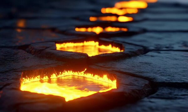 Glowing lava flows through hexagonal stone pathways in a dark, mystical landscape, creating an enchanting atmosphere
