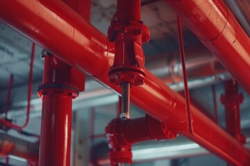 Intricate Network of Crimson Fire Suppression Pipes