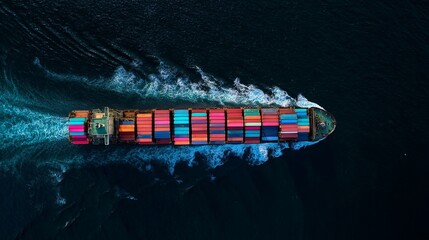 Aerial view of a cargo ship with colorful containers sailing in the open sea