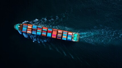 Aerial view of a cargo ship with colorful containers sailing in the open sea