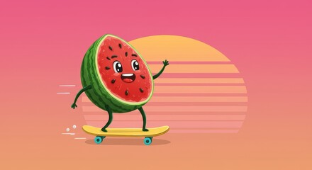 Fototapeta premium Watermelon on Skateboard at Sunset - Happy watermelon slice skateboarding towards a setting sun. Fun summer fruit character design